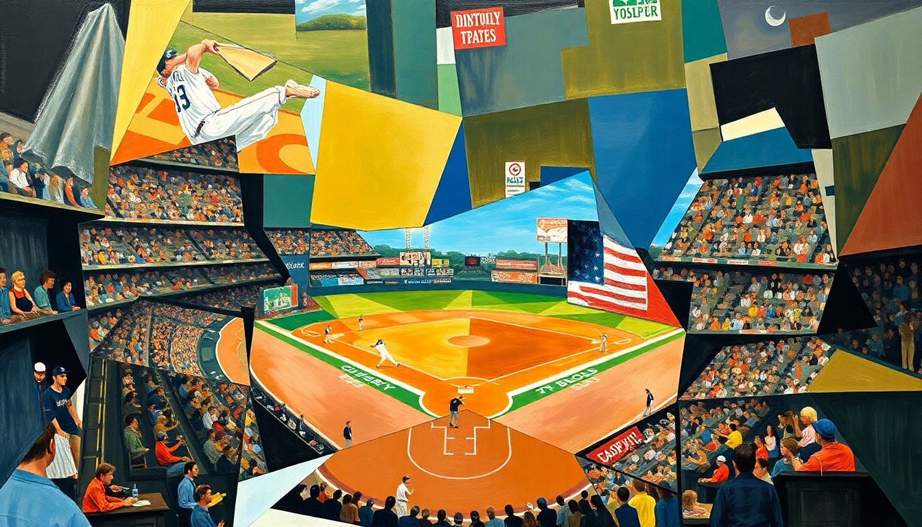 A cubist-style painting featuring overlapping geometric shapes and planes in shades of blue, green, and orange, conceptually representing the action and movement of a baseball game.