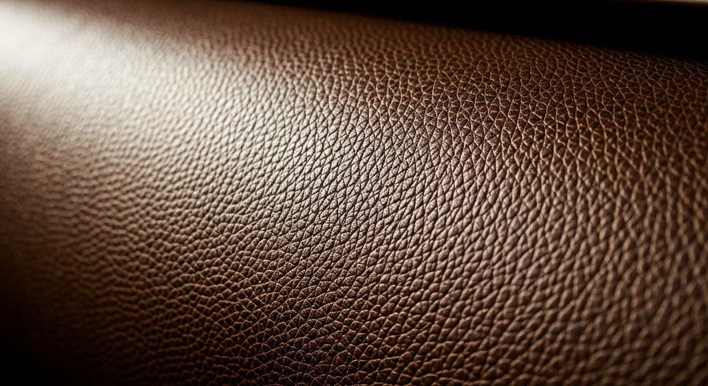 An extreme close-up of a textured, pebbled leather car interior in rich, earthy tones, conveying a sense of timeless craftsmanship and quality.