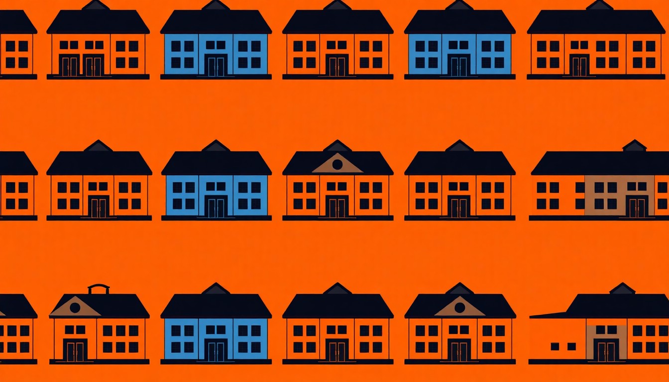 A grid of stylized, neon-colored icons representing a school building, conveying the complex issues surrounding campus security and undocumented students.