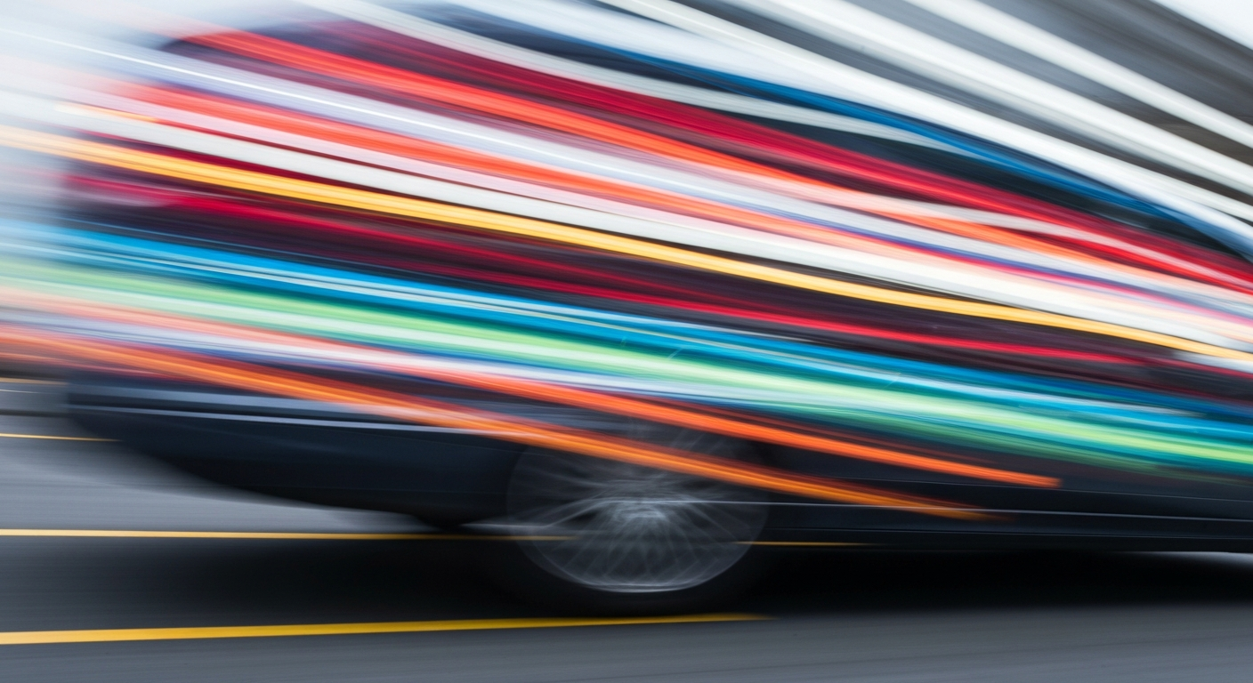 An abstract, colorful image depicting a hydrogen fuel cell vehicle in motion, with blurred lines and streaks of color conveying a sense of speed and energy.