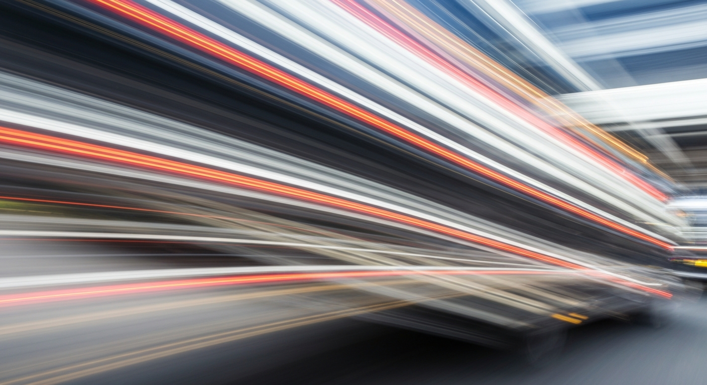 An abstract, colorful image of a moving vehicle, with blurred lines and shapes conveying a sense of speed and motion.