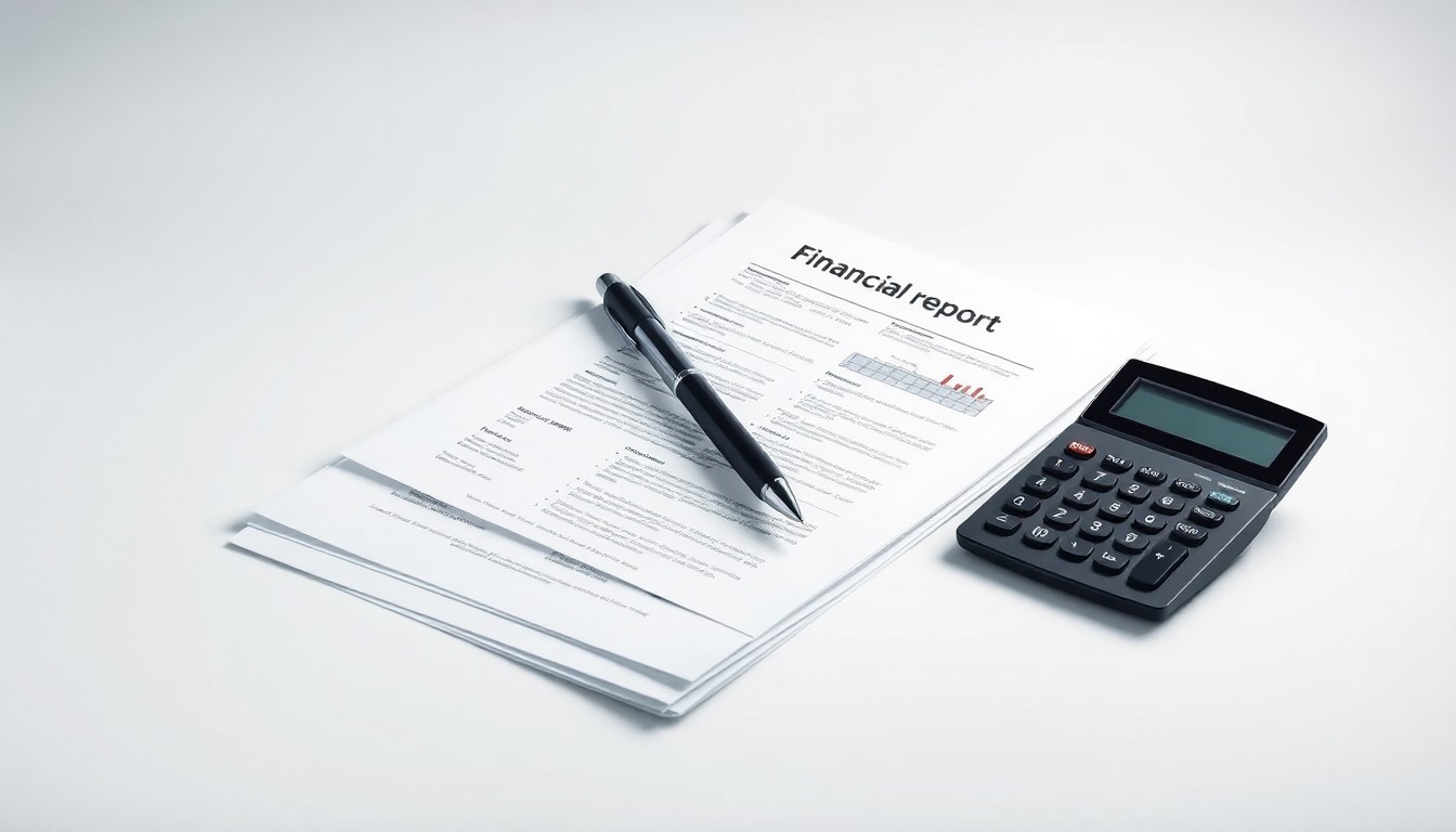 A high-end, photorealistic studio still-life photograph featuring a stack of financial reports, a pen, and a calculator arranged elegantly on a clean, monochromatic seamless background, conceptually representing the abstract corporate strategy, finance, and market volatility behind a Berkshire Hathaway stock plunge.