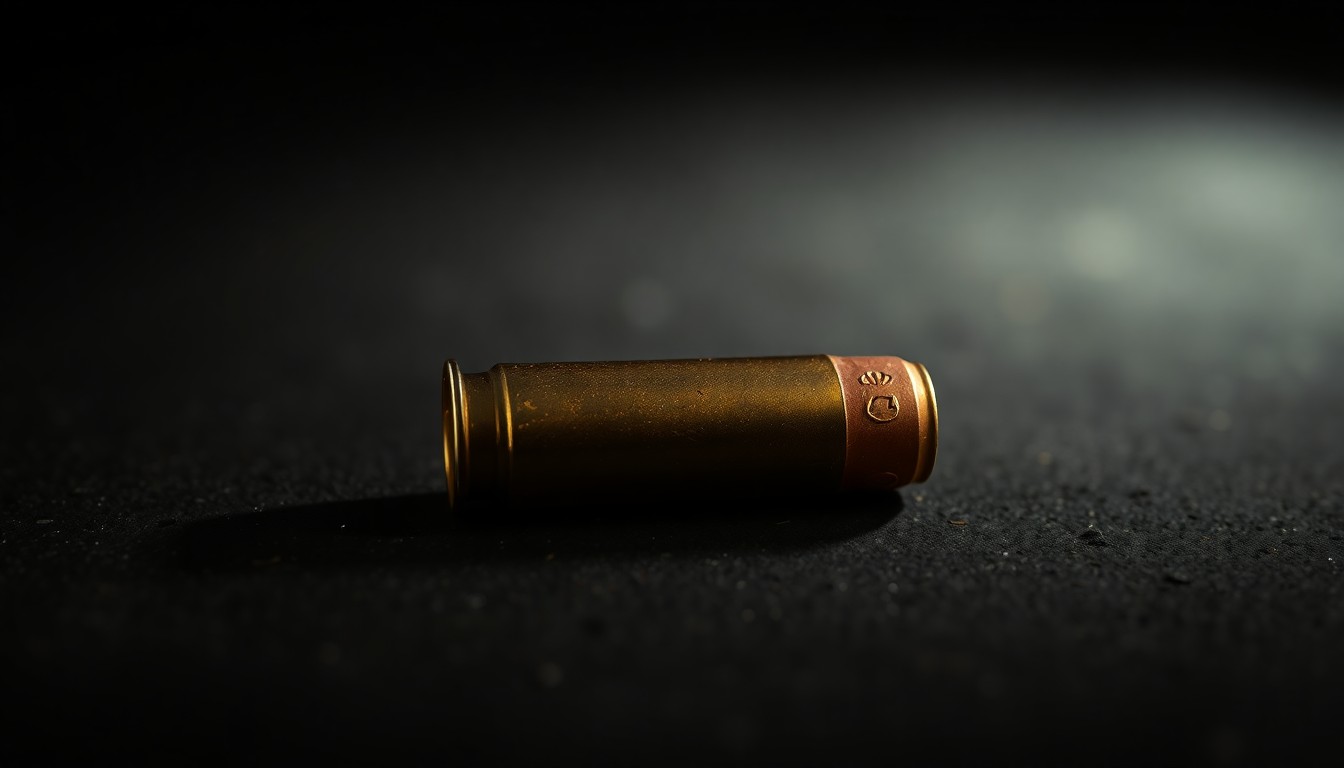 An extreme close-up photograph of a single spent shell casing on a dark surface, lit by a harsh, direct camera flash, conceptually illustrating the aftermath of a deadly shooting incident.