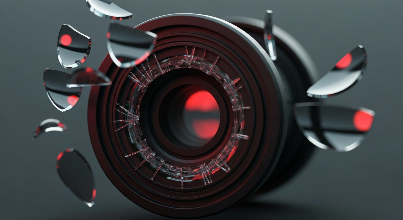 An extreme close-up of a shattered car sensor lens reflecting a faint red light, conceptually illustrating the vandalism of self-driving cars.