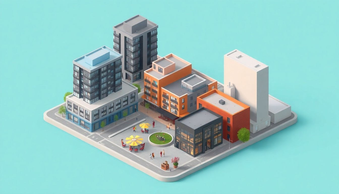 A colorful, minimalist 3D illustration depicting a stylized mixed-use development with residential buildings, office towers, and a central plaza with retail and dining options, representing the Mahon Point 2.0 project's vision for a vibrant, walkable urban ecosystem.