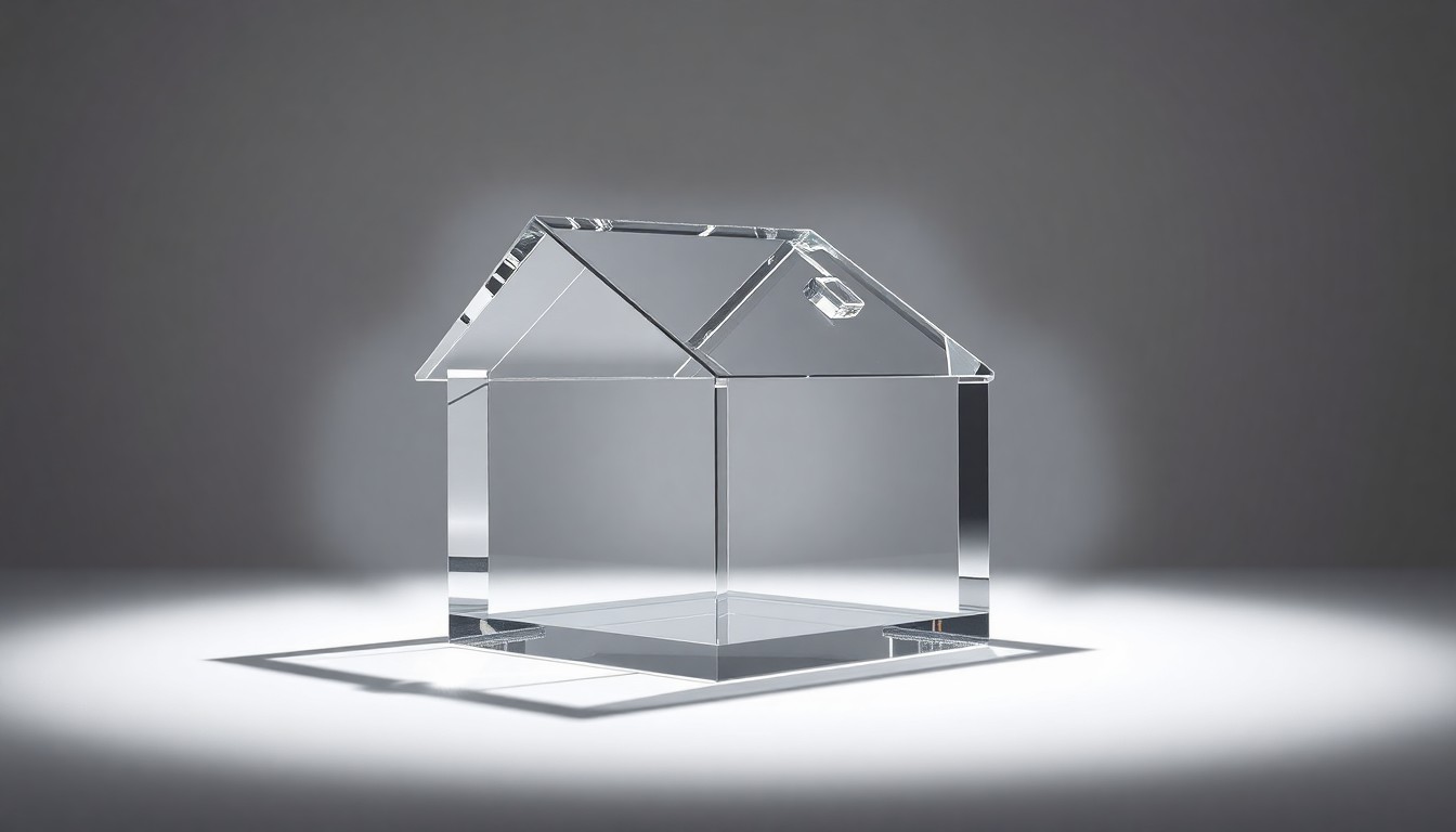 A photorealistic studio still-life photograph featuring a polished, geometric glass sculpture in the shape of a house, resting on a clean, monochromatic background and dramatically lit to represent the abstract concept of real estate investment and the Kardashian-adjacent business empire.