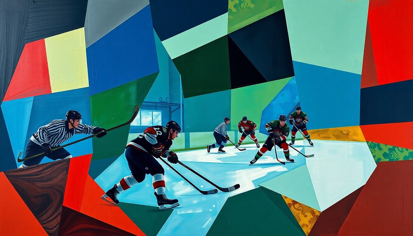 A cubist, geometric painting depicting a hockey game, with the players' forms abstracted into angular, interlocking shapes in a palette of deep blues, greens, and reds.