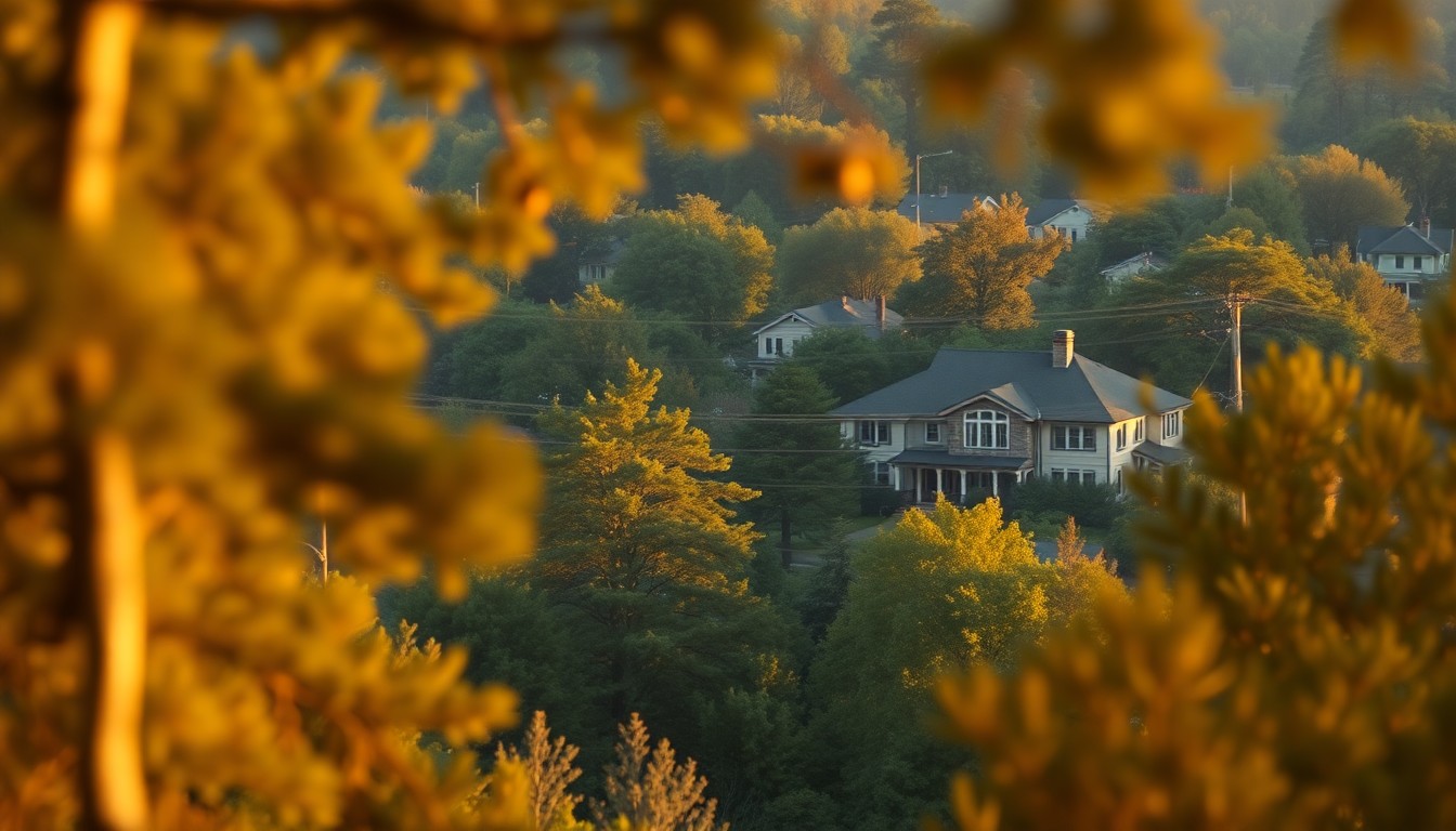 An abstract, impressionistic photograph of a wooded neighborhood, with blurred outlines of large homes visible through the trees and a warm, hazy glow of sunlight filtering through the foliage.