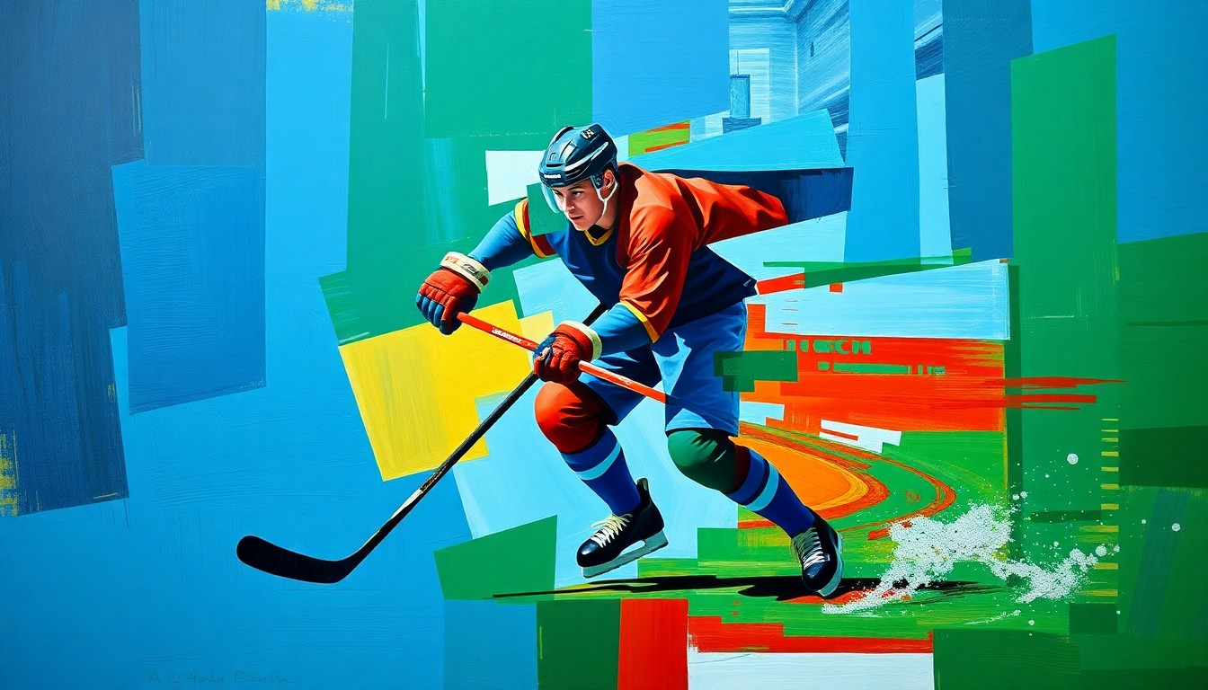 A fractured, cubist-style painting depicting a hockey player in motion, with sharp, overlapping geometric shapes in vibrant blues, greens, and reds, conveying the dynamic energy of the game.