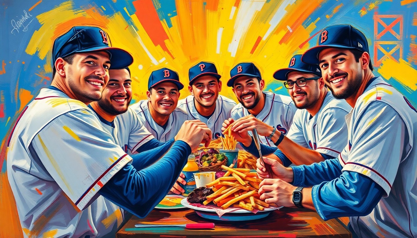 An abstract, energetic painting featuring bold brushstrokes in neon shades of orange, blue, and green, conceptually representing the vibrant team spirit and competitive drive of professional baseball players sharing a meal together.