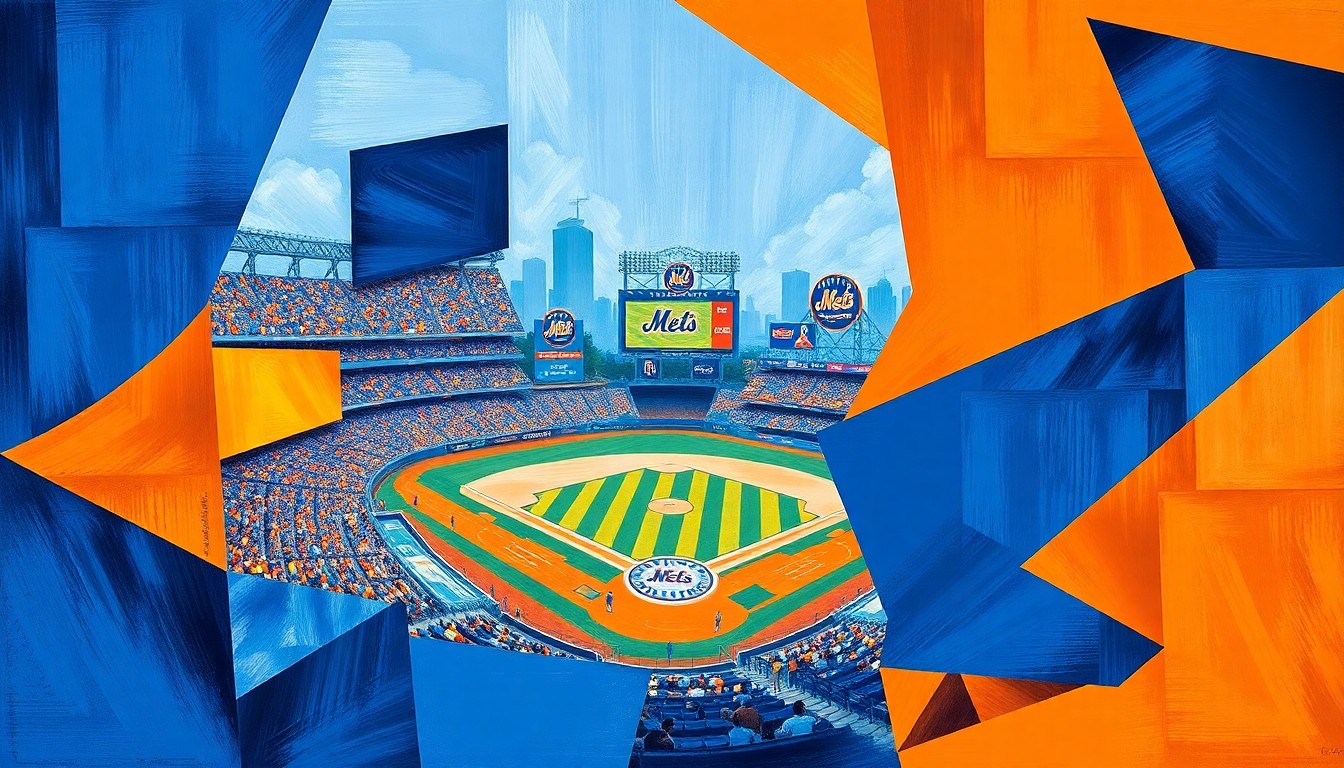 A cubist, geometric painting depicting a fragmented Mets baseball game, with sharp planes of blue and orange overlapping to create a sense of chaos and disarray on the field.
