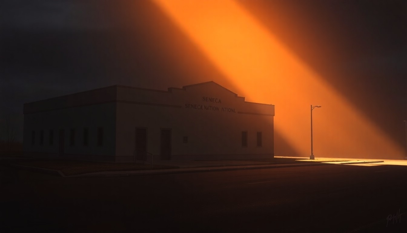 A serene, realistic painting of a government building or meeting hall on the Seneca Nation's Allegany Territory, bathed in warm, dramatic lighting and shadows, conveying a sense of quiet contemplation and the enduring role of indigenous political institutions.