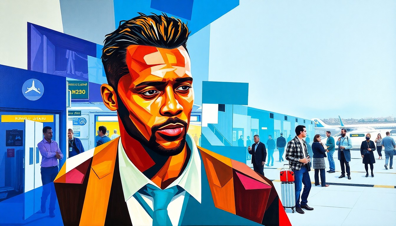 A cubist, geometric painting depicting the fragmented arrival of a soccer player at an airport, with sharp planes of color and overlapping perspectives conveying a sense of tension and unease.