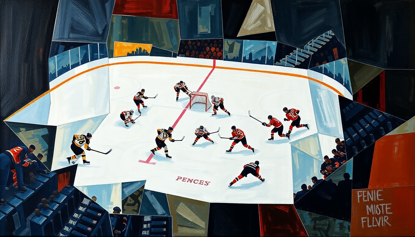 A cubist, geometric painting depicting the intensity and movement of a hockey game between the Pittsburgh Penguins and Philadelphia Flyers, with the players' forms fractured and overlapping in a dynamic, abstract composition.
