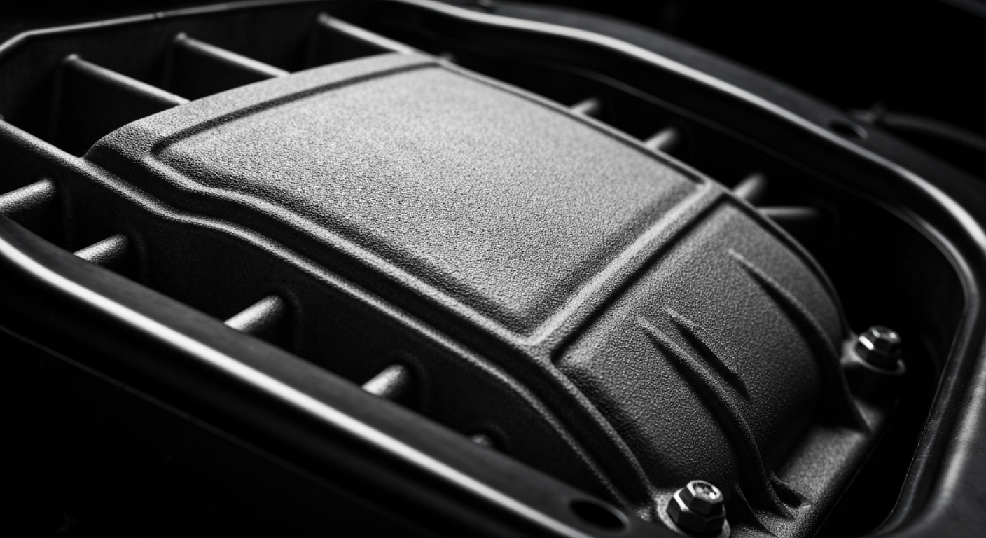 An extreme close-up of a car's engine block, showcasing the textured, pebbled surface and raw materials that make up the core of automotive technology.