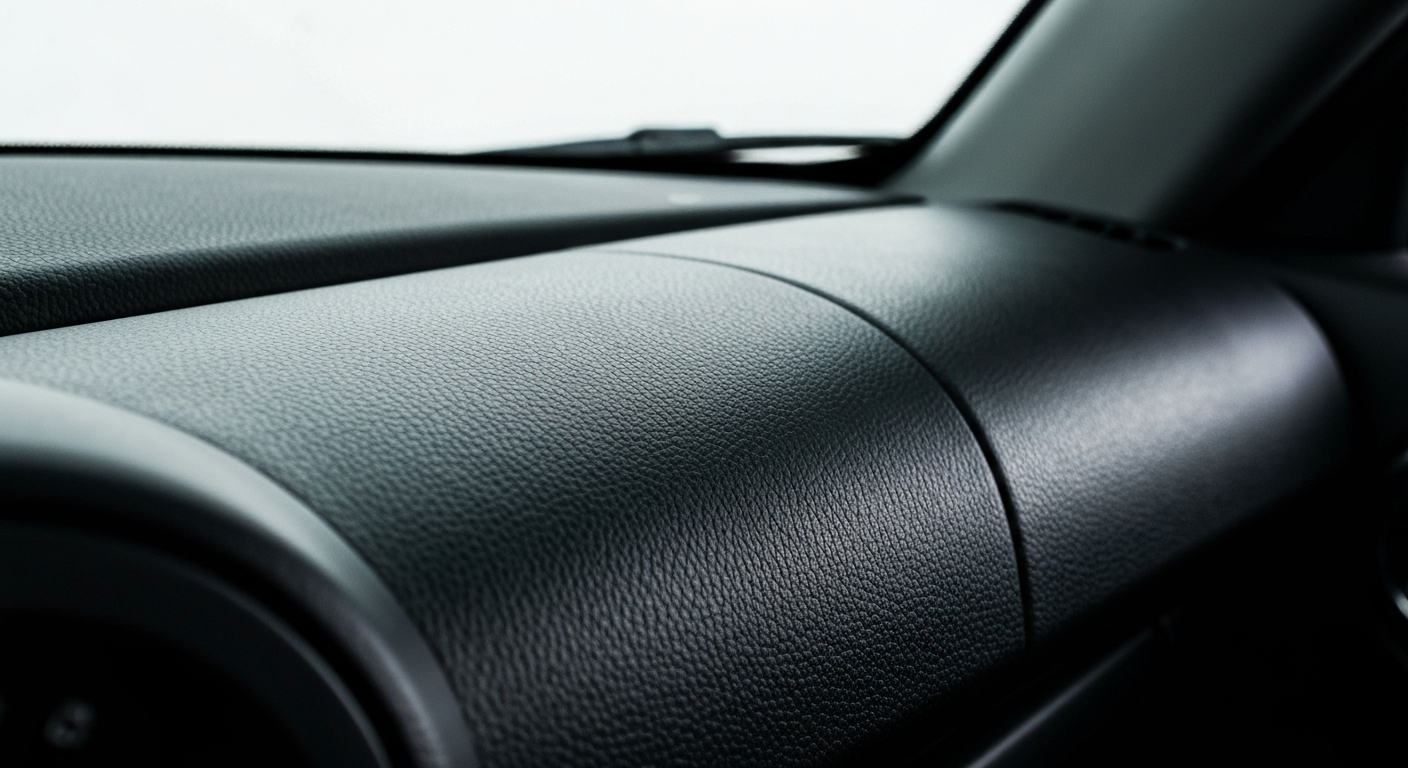 An extreme close-up of the pebbled leather and woven mesh of a car's dashboard, captured in dramatic lighting that highlights the raw materials and engineering behind automotive servicing.