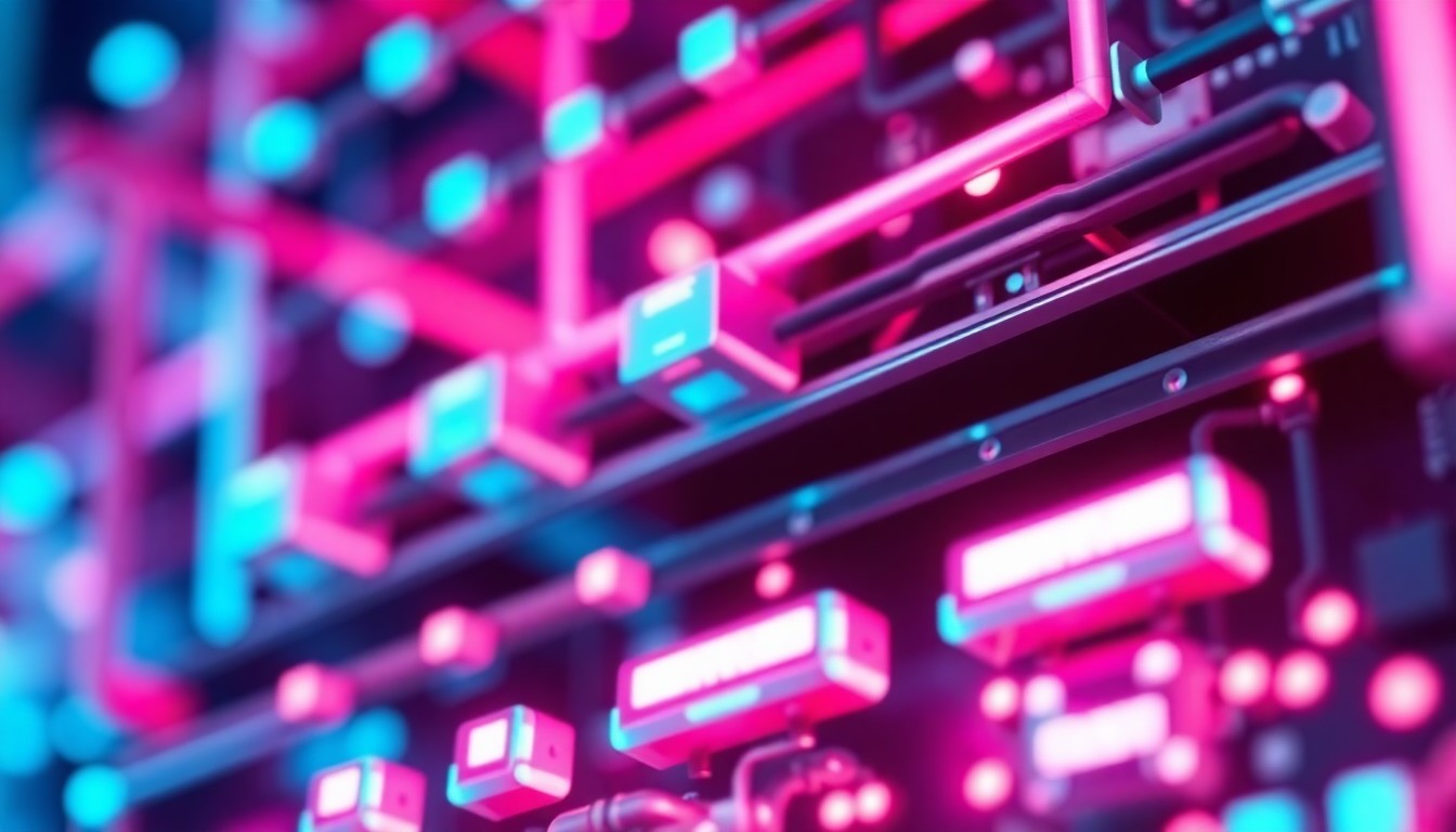 A highly detailed, 3D macro illustration of glowing, illuminated tech elements in shades of cyan and magenta, conceptually representing the digital infrastructure and innovation driving the mobile app industry.