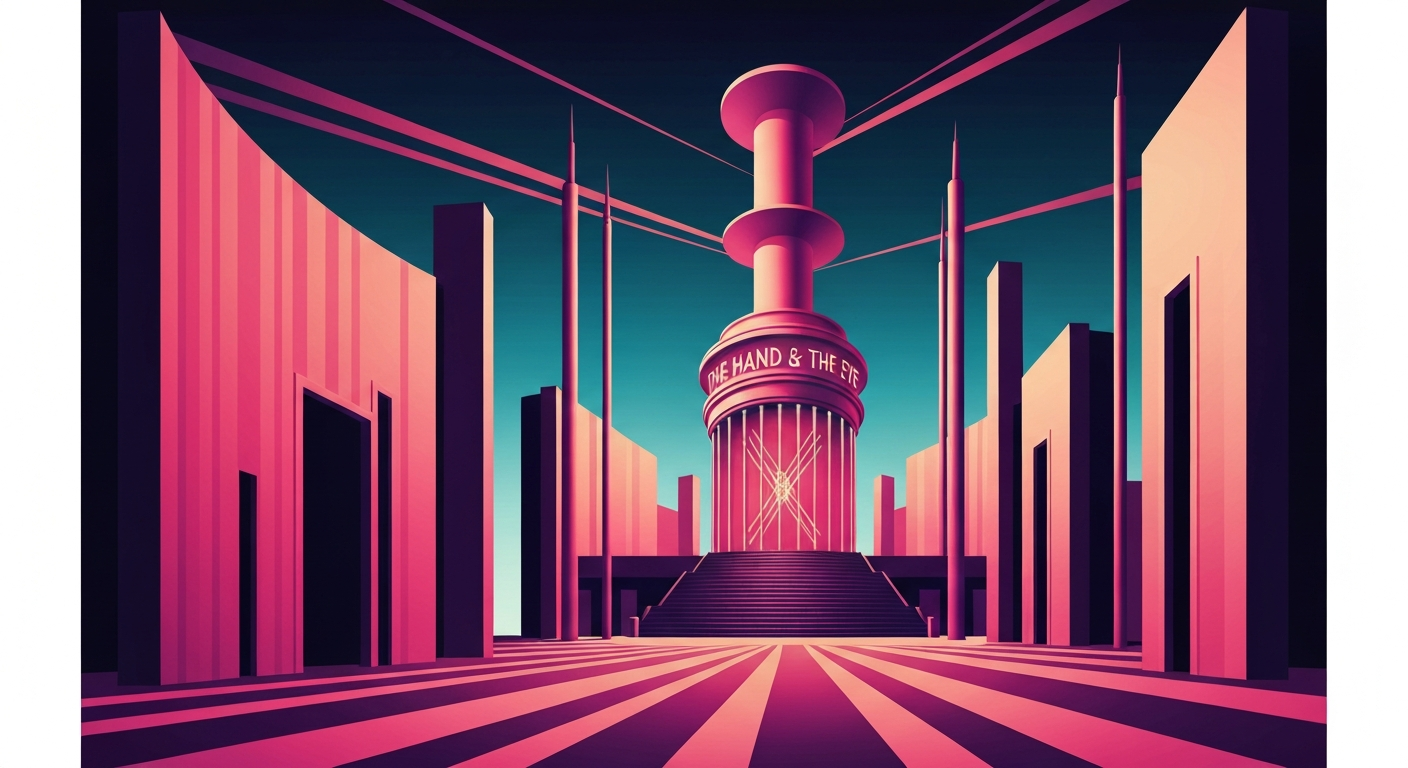 A highly stylized, geometric illustration depicting the towering, streamlined architecture of the new 'The Hand & The Eye' magic experience venue in Chicago, with sweeping gradients and forced perspectives conveying a sense of grandeur and anticipation.