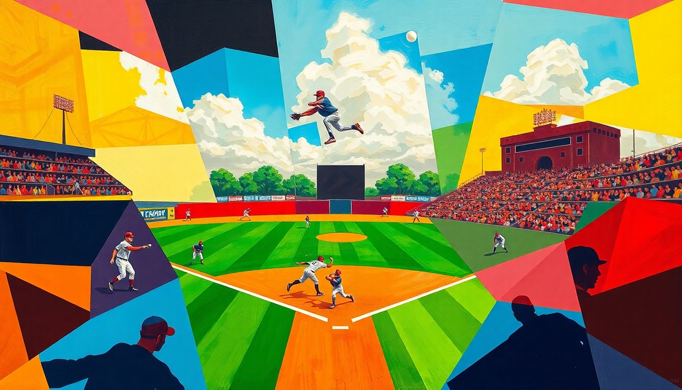A fragmented, geometric painting in bold colors representing the movements and action of a college softball game, with players and the field deconstructed into abstract shapes and planes.