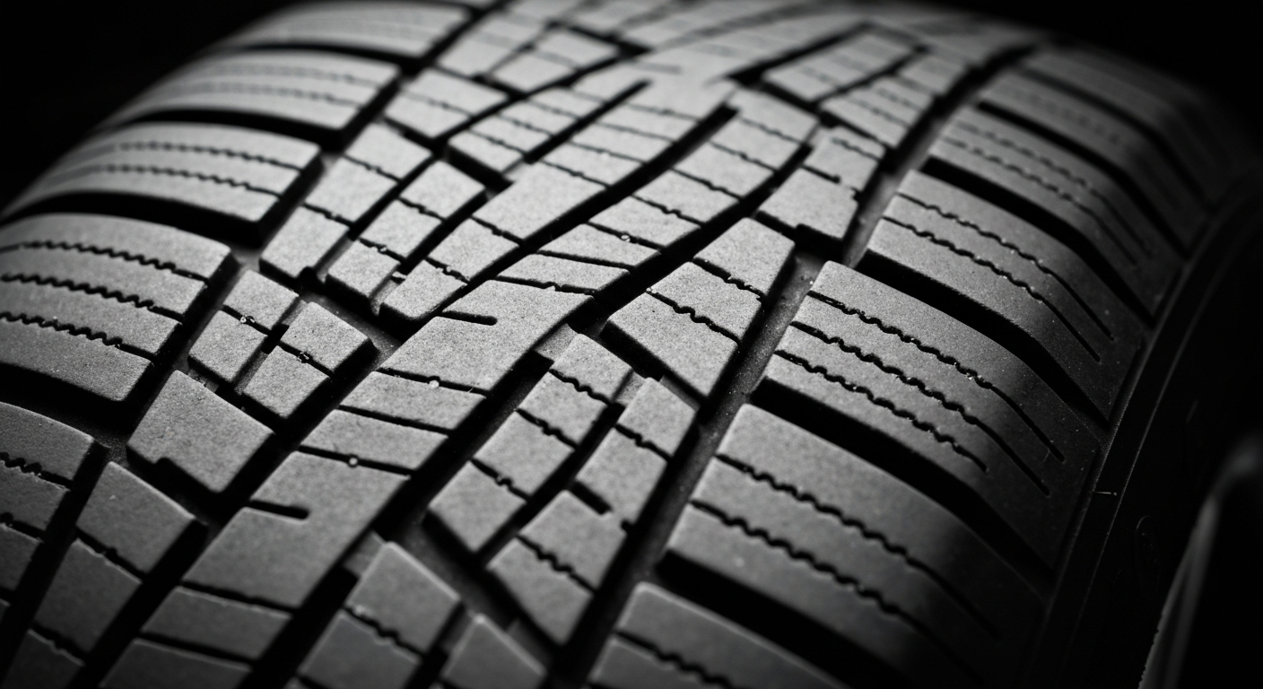 An extreme close-up of the pebbled, textured surface of a car tire, capturing the raw materials and engineering details in dramatic lighting and color.