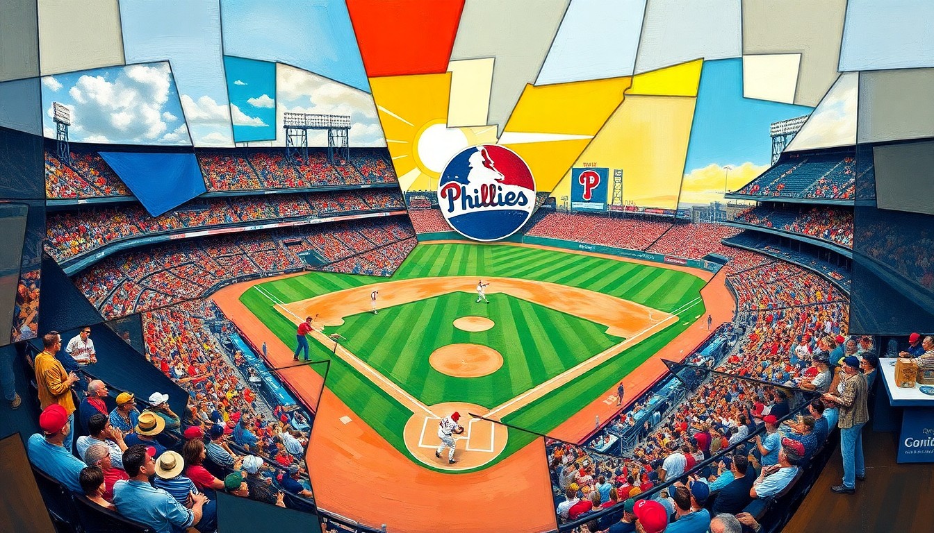 A cubist-style painting depicting a baseball game in fragmented, geometric shapes and planes, with players and the field blending together in an abstract, deconstructed composition.