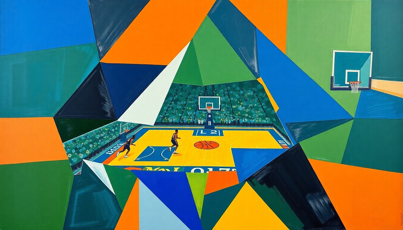 A cubist, geometric painting depicting a basketball game with overlapping planes of royal blue, forest green, and burnt orange, conveying the uncertainty and high stakes of the Magic's playoff push.