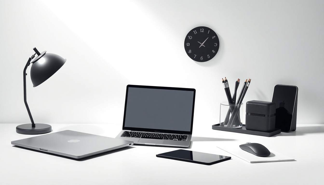 A high-end, photorealistic studio still-life photograph featuring a clean, monochromatic background with a carefully arranged composition of premium office supplies and technology accessories, such as a sleek laptop, a wireless mouse, and a modern desk organizer. The objects are lit dramatically with sharp shadows, conceptually representing the abstract concepts of corporate strategy, finance, and digital product development.