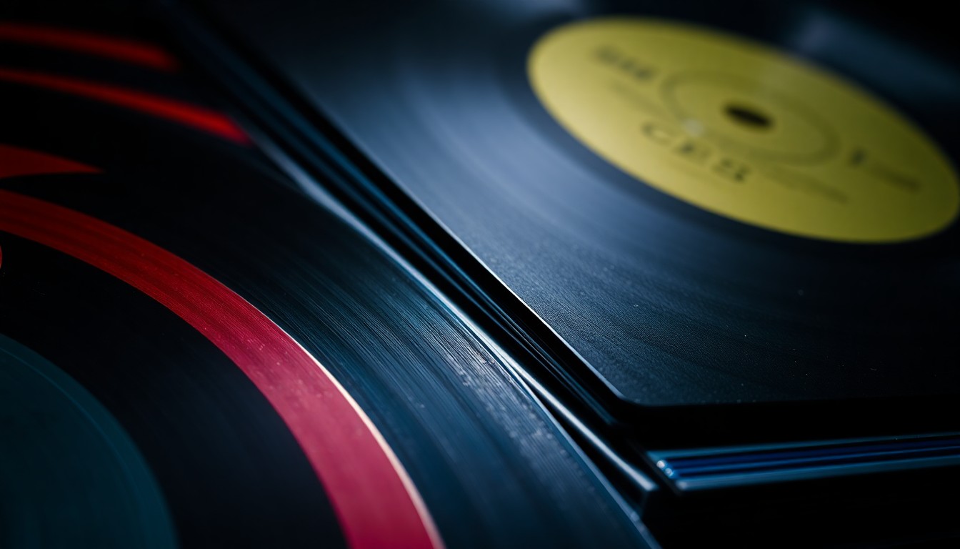 An abstract close-up photograph of a stack of vinyl records in various colors and textures, shot with dramatic studio lighting to create a glamorous, high-fashion aesthetic, conceptually representing the unique vinyl shopping experience at Coachella's Record Safari.