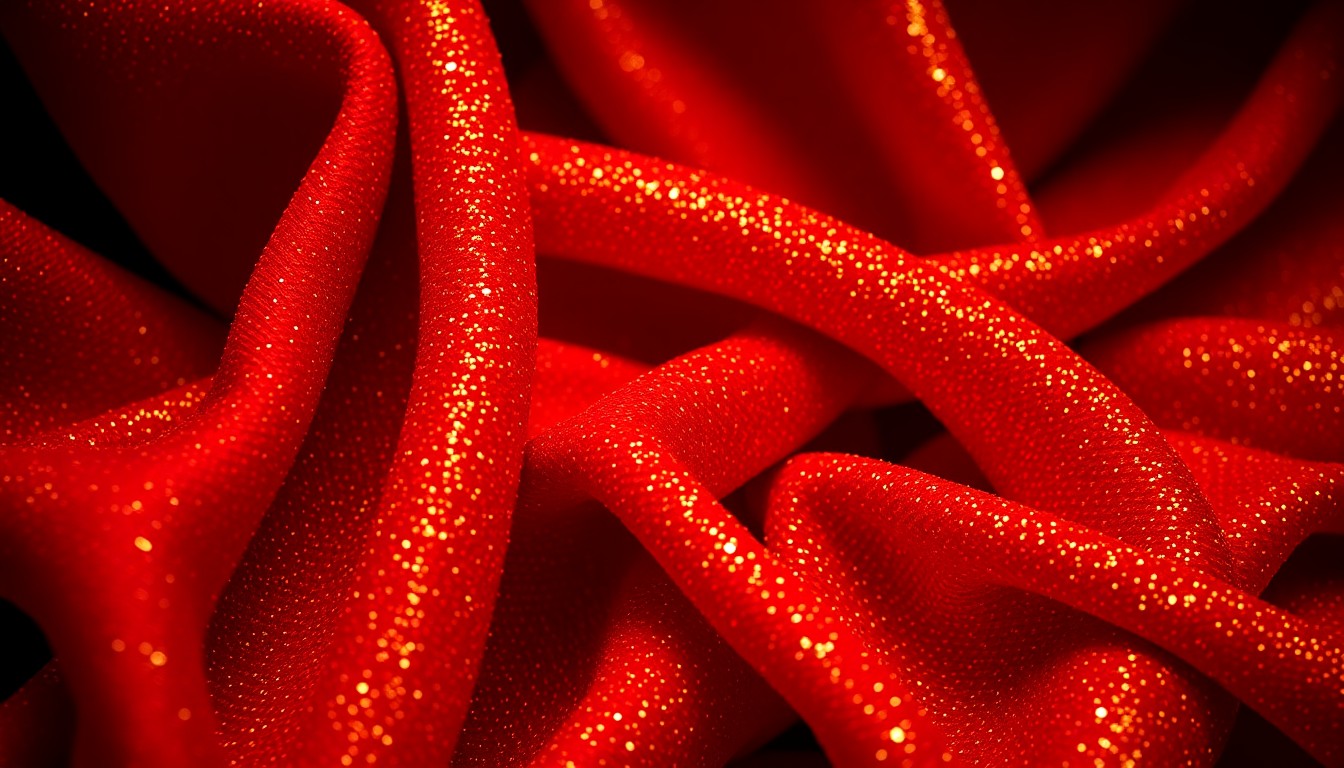 An extreme close-up photograph of luxurious, shimmering red and gold fabrics, capturing the glamour and elegance of classic Hollywood in a conceptual representation of the lasting love between Ann-Margret and her husband.