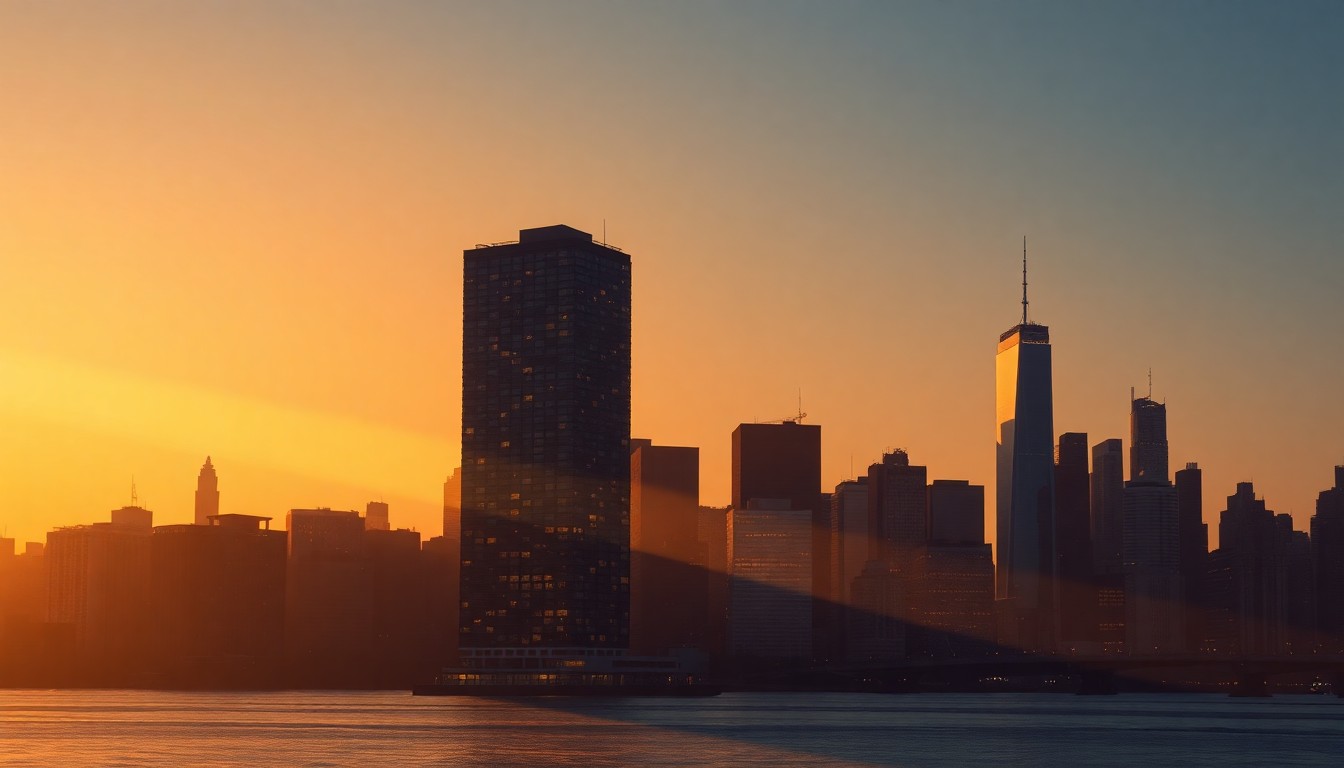 A serene, cinematic painting of a single high-rise apartment building in New York City, with warm sunlight and deep shadows creating a nostalgic, contemplative mood around the pied-à-terre tax debate.