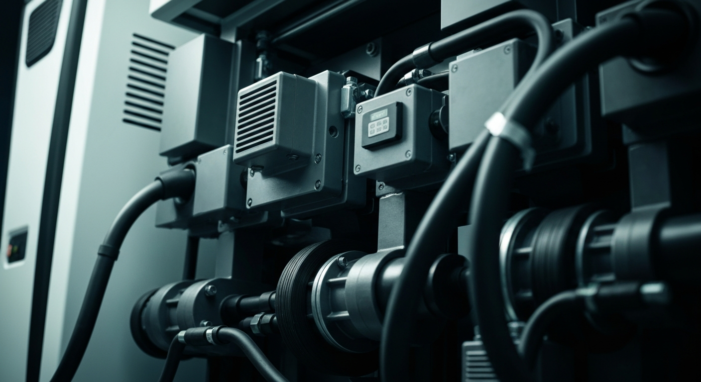 An extreme close-up of the intricate, heavy-duty components and machinery inside an electric vehicle charging station, conveying the technological advancements and industrial power behind the EV infrastructure.