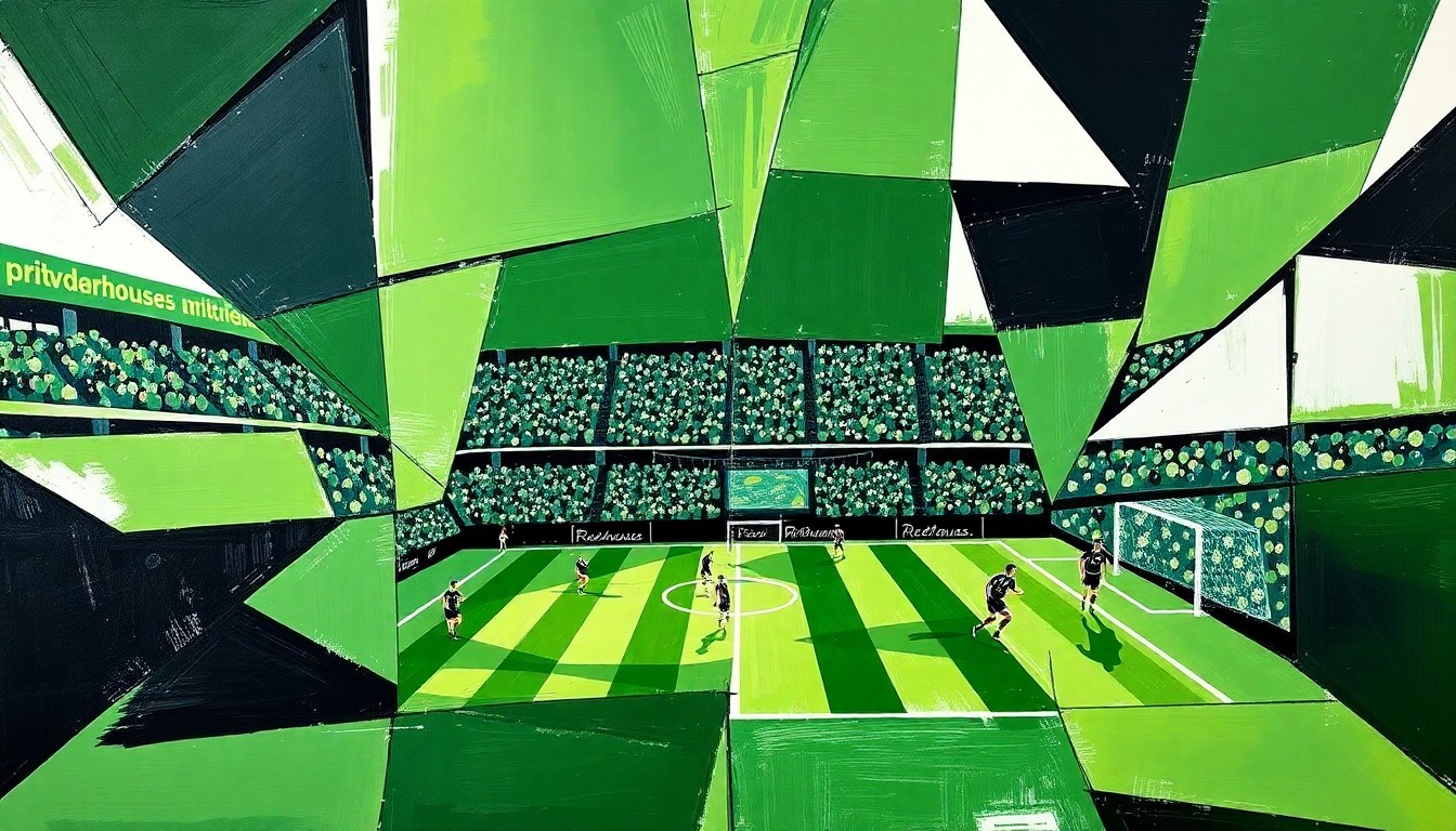 A cubist, geometric painting depicting a fragmented soccer match, with overlapping planes of green, black, and white representing the players and field.