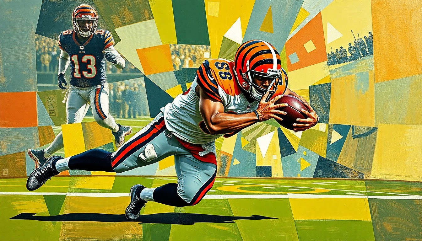 A fragmented, cubist-style painting depicting a Cincinnati Bengals defensive player making a tackle, with the figure broken down into sharp, geometric shapes and planes of color.