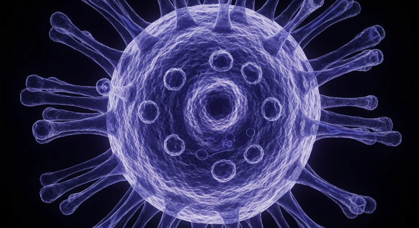A translucent, ghostly X-ray image of a measles virus particle, its intricate internal structure revealed in shades of blue and purple against a dark background.