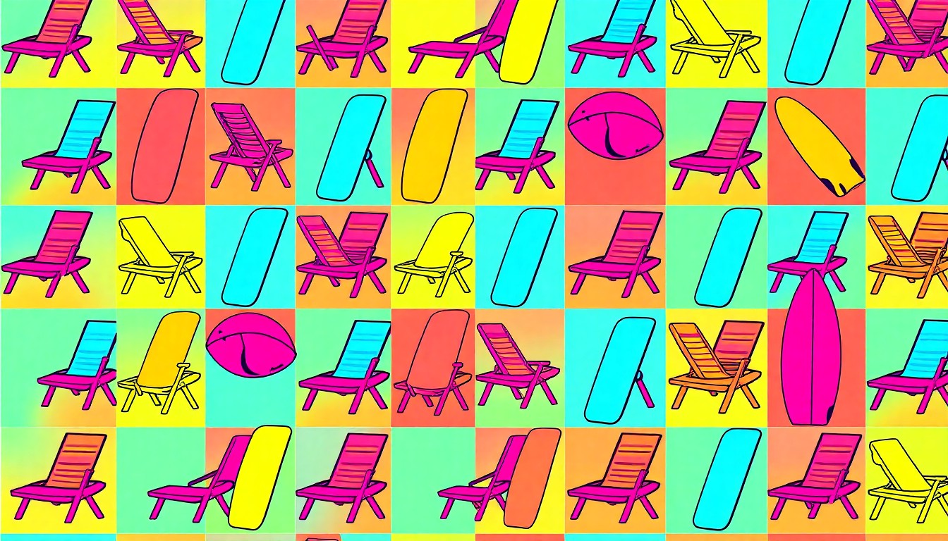 A bold, graphic illustration composed of a repeated pattern of a single iconic beach object, such as a surfboard or seashell, rendered in a high-contrast, neon color palette that captures the energy and style of the Wrightsville Beach community.