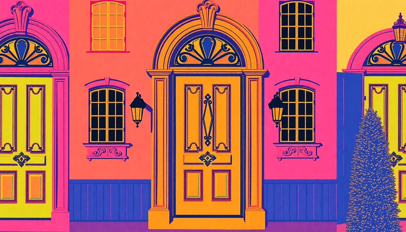 A brightly colored, high-contrast silkscreen print of a single, iconic luxury home exterior detail such as an ornate front door or decorative window, repeated in a tight grid pattern in vibrant neon colors with heavy black outlines, conceptually representing the premium features of this Bald Head Island property.