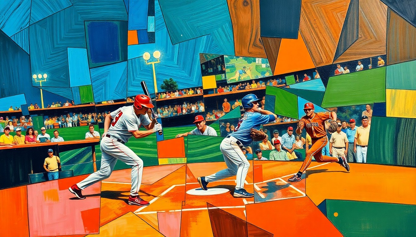 A fragmented, geometric painting depicting a baseball player in motion, with sharp planes of color and overlapping perspectives, conveying the dynamic energy and disruption of the story.