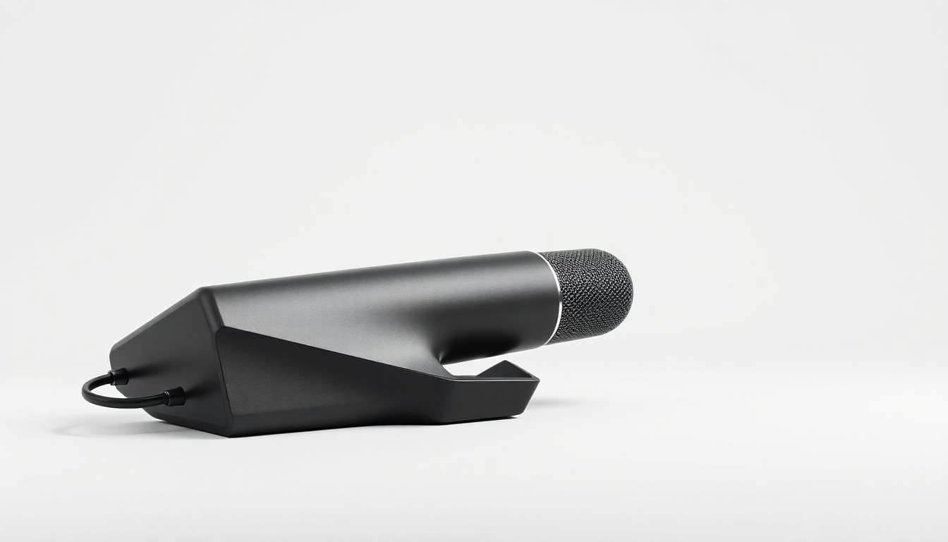 An extreme close-up of a sleek, geometric desktop microphone in matte black and silver, with clean lines and a simple, functional design.