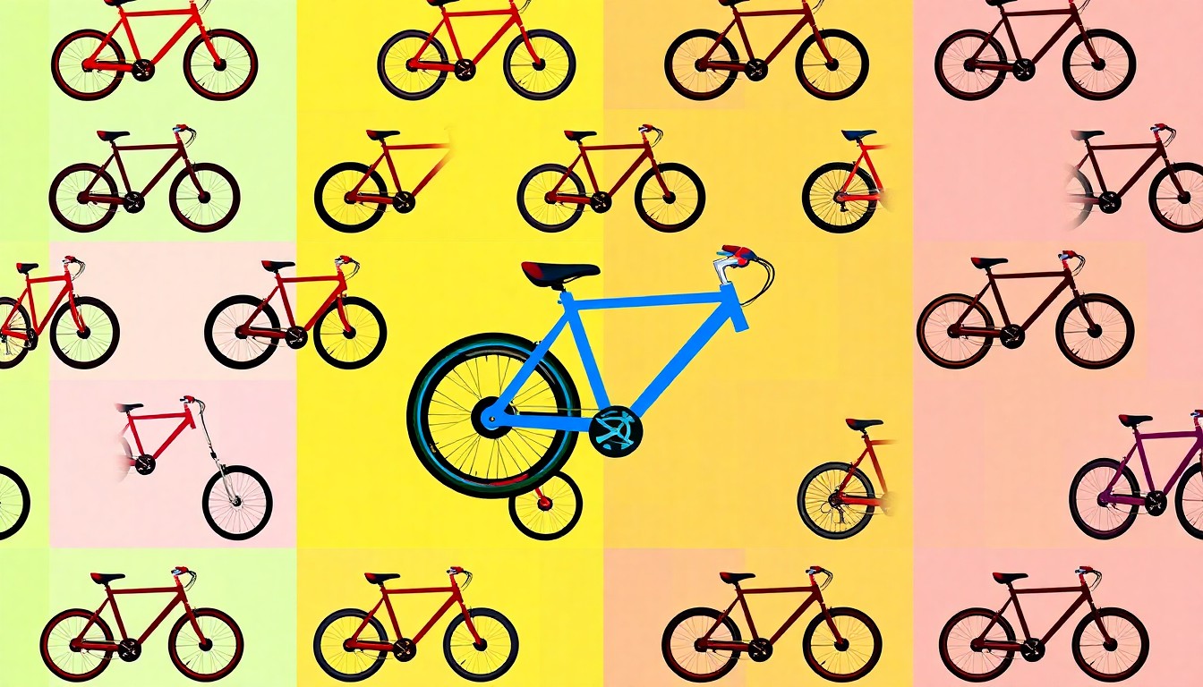 A bold, colorful silkscreen-style illustration featuring an electric bicycle icon repeated in a grid pattern, conceptually representing the tension between e-bikes and pedestrian spaces in downtown DeLand.
