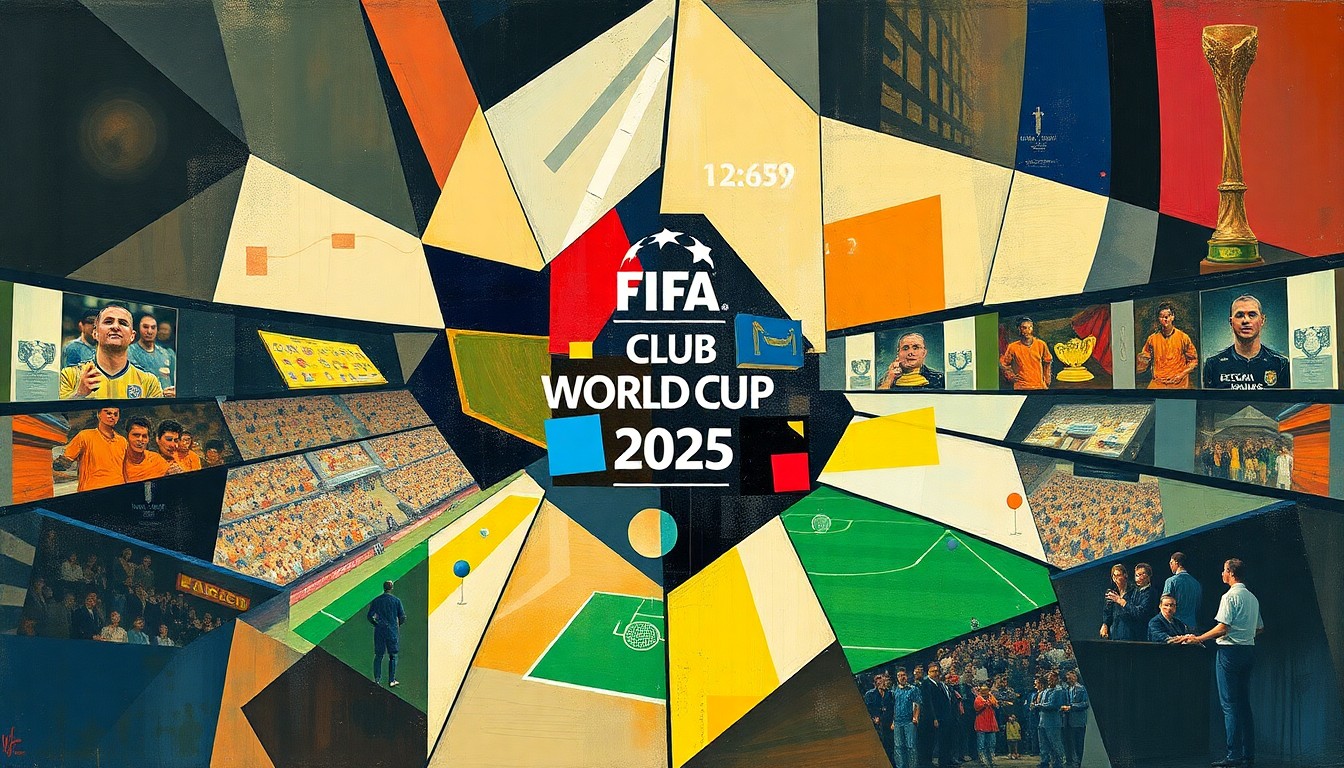 A cubist, geometric painting depicting a fragmented, multi-perspective view of a FIFA Club World Cup 2025 match, with players and the field of play broken down into sharp, overlapping planes of color and shape.