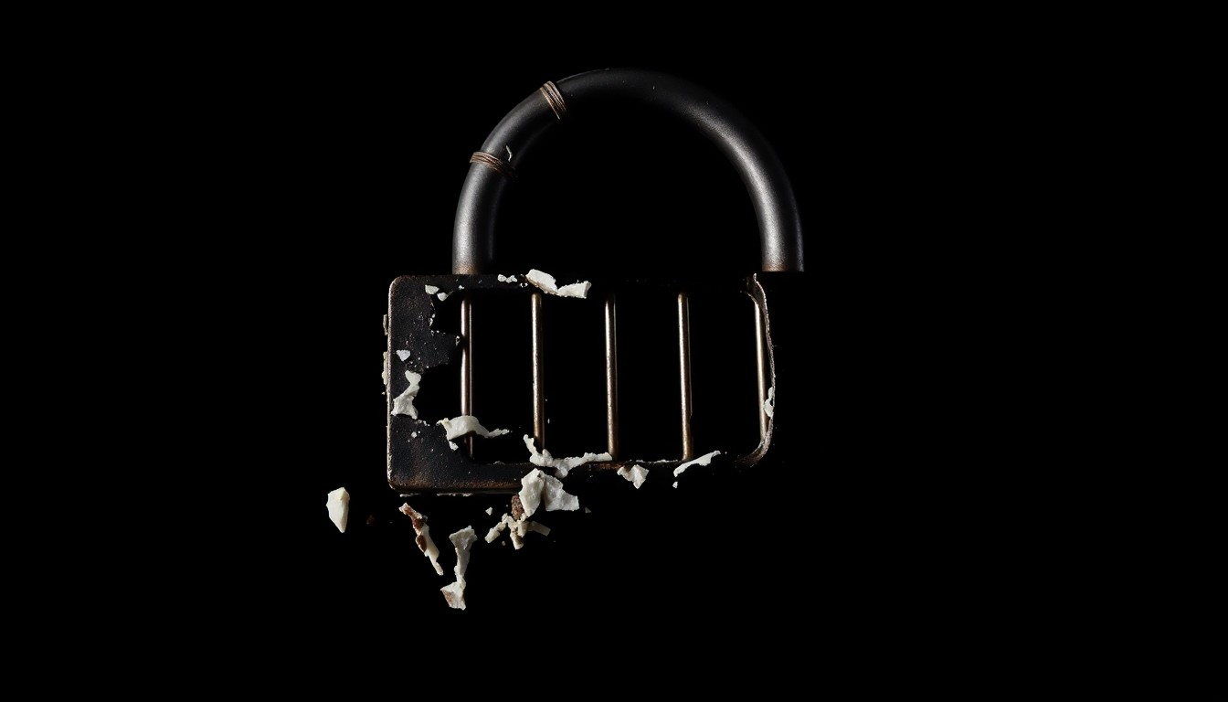 An extreme close-up photograph of a shattered beagle cage lock reflecting a harsh, direct camera flash, conceptually illustrating the confrontation between protesters and authorities.