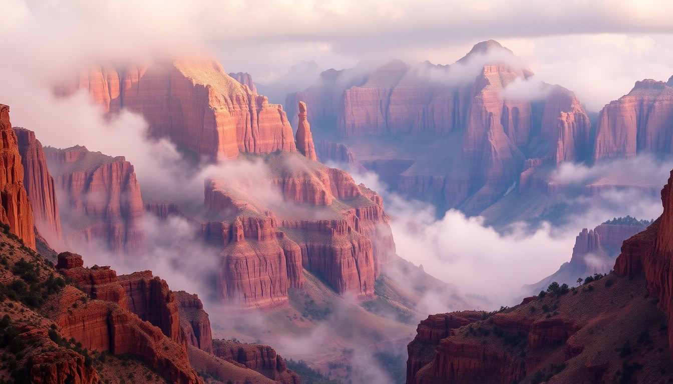 A sweeping, atmospheric landscape painting in muted earth tones, featuring the towering red rock formations of Zion National Park shrouded in a hazy, dramatic mist, conveying the overwhelming scale and sublime power of the natural environment.