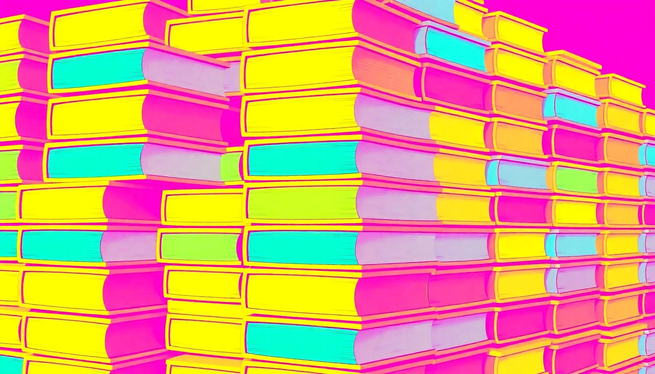 A bold, graphic illustration of stacked textbooks in a repeating grid, rendered in a high-contrast silkscreen style with vibrant neon colors, conceptually representing the educational focus of Frontier International Academy.