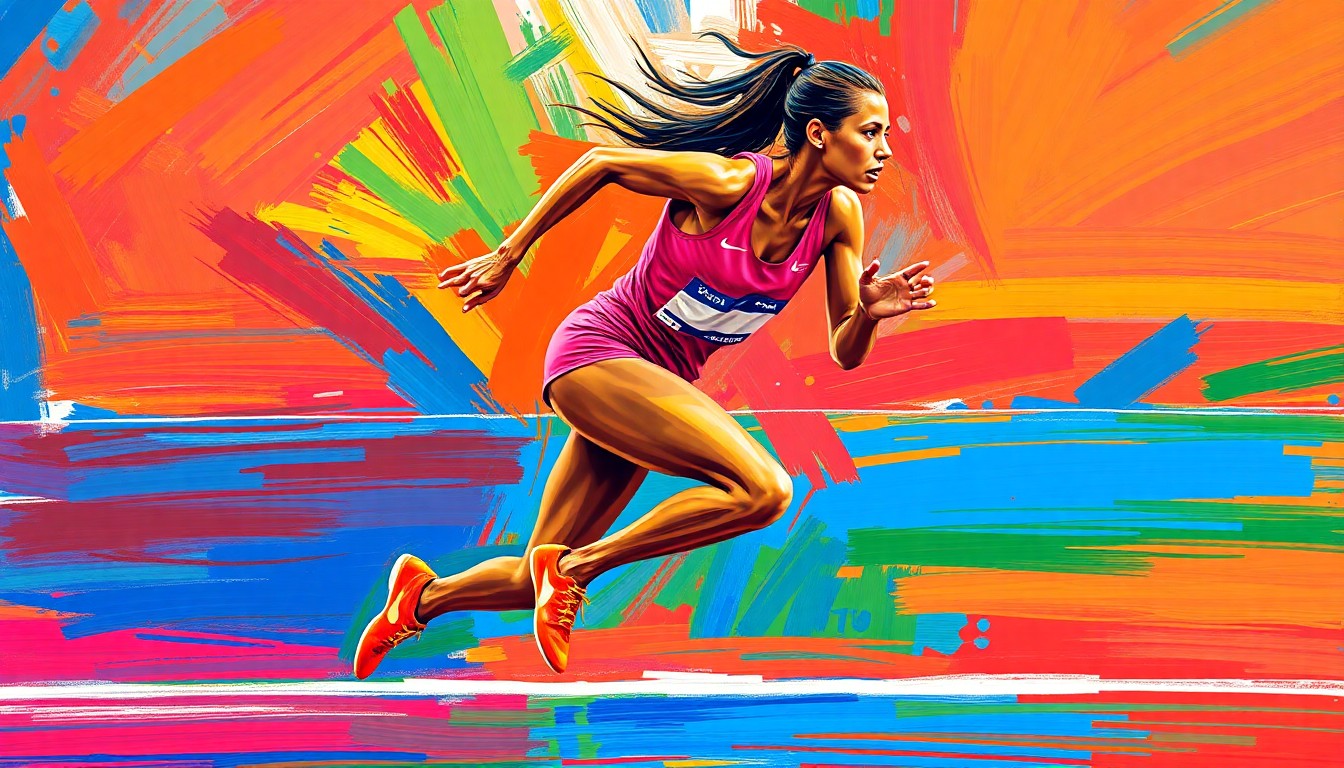 An abstract, expressionist painting featuring bold, neon-colored brushstrokes that capture the dynamic motion and energy of a female track athlete in mid-stride.