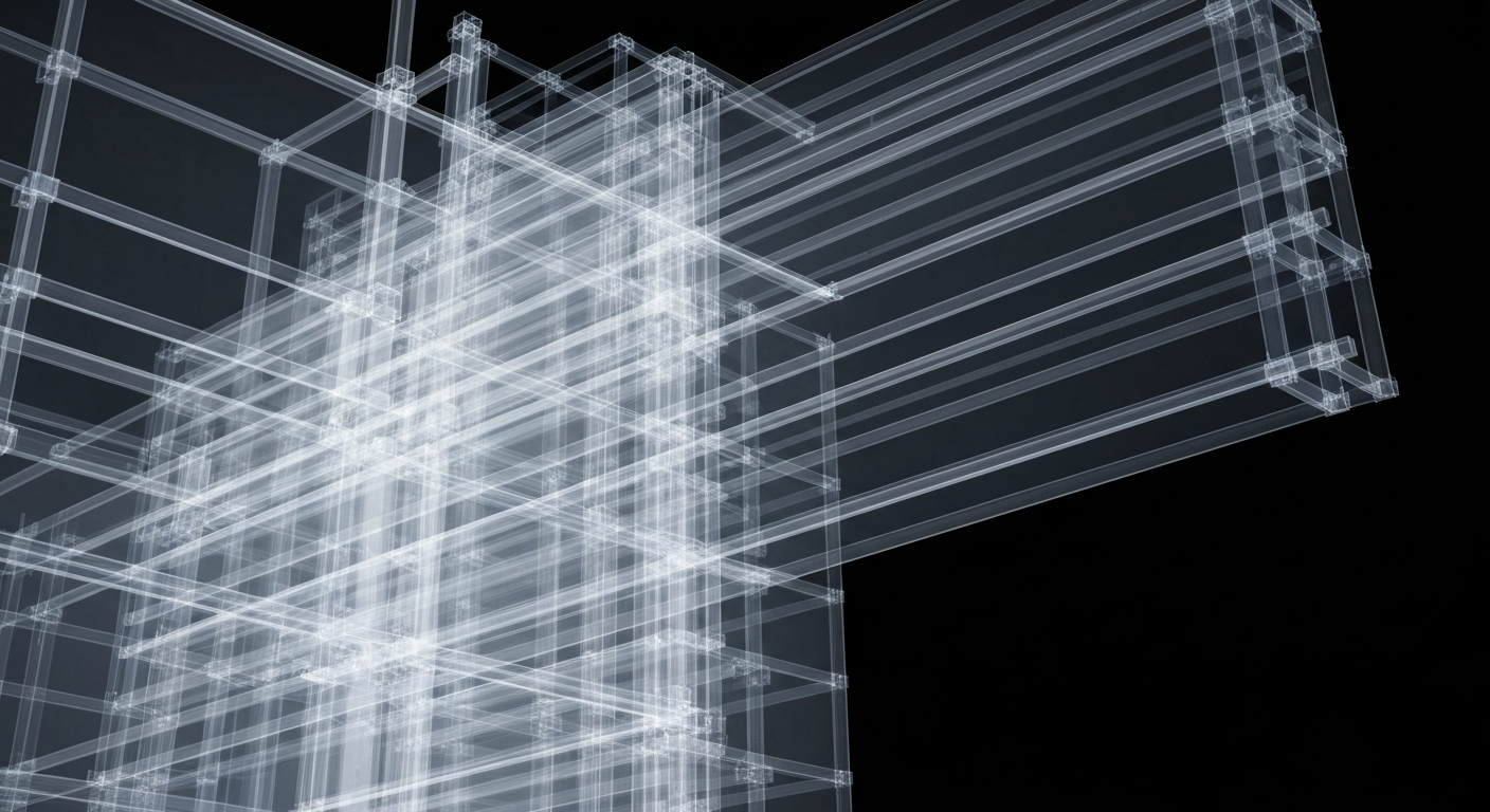 A ghostly, translucent X-ray image revealing the internal structure of a modern medical facility, with glowing lines and shapes against a dark background, conceptually representing the new Corewell urgent care center coming to South Haven Township.