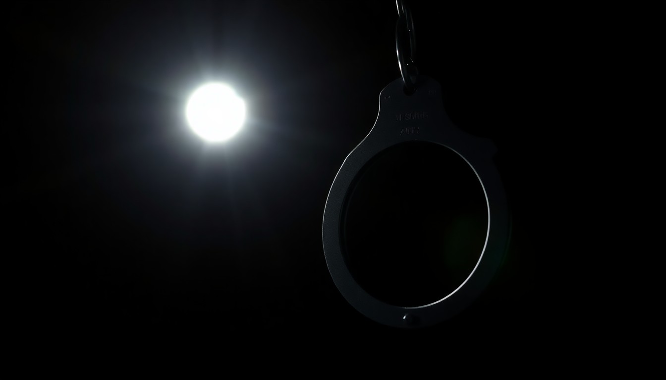 An extreme close-up photograph of a police badge or handcuffs against a pitch-black background, lit by a harsh, direct camera flash, creating a stark, gritty, investigative aesthetic without depicting any violence or victims.