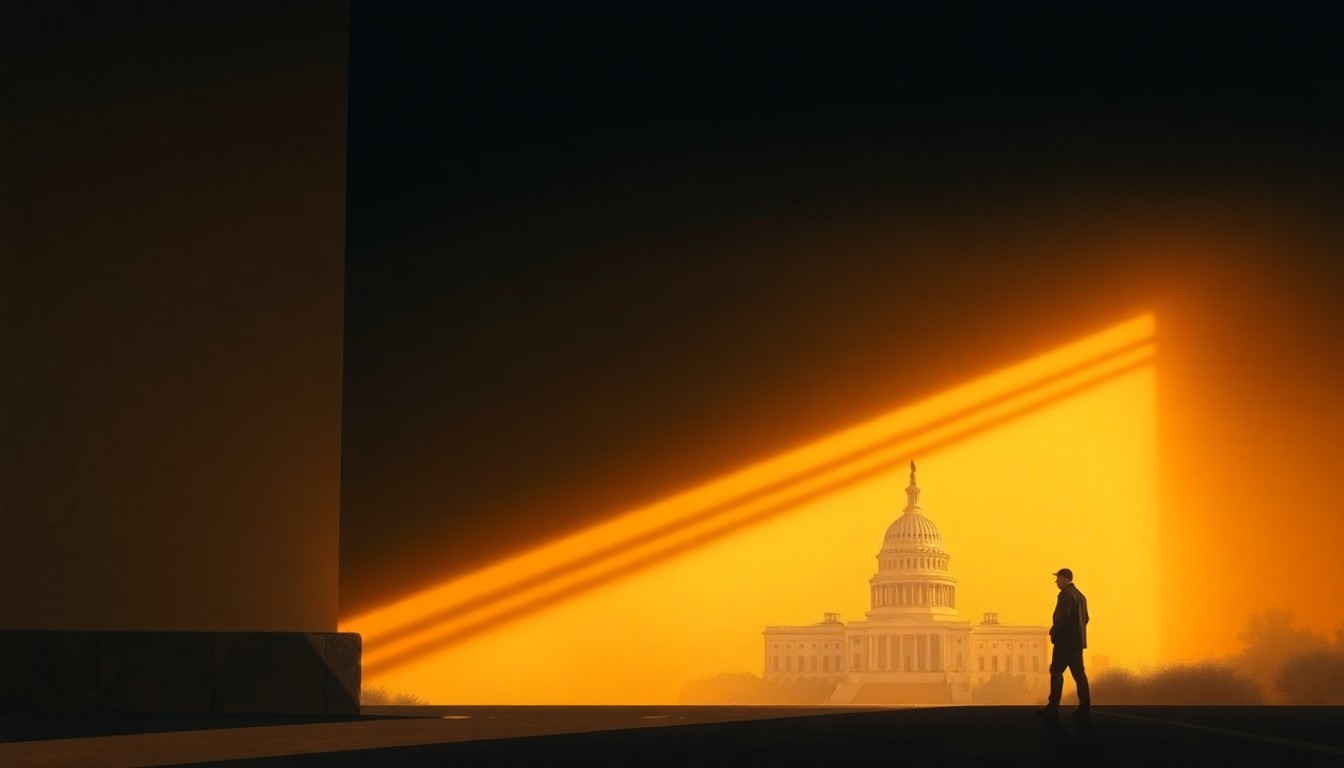 A moody, realistic painting of a lone government building or political figure in a city street, with warm light and deep shadows creating a contemplative, cinematic atmosphere.