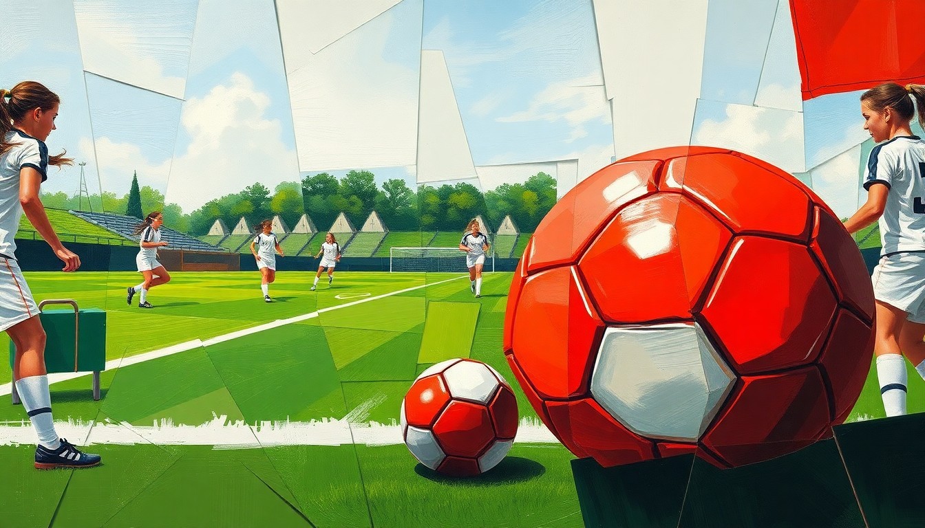 A cubist, geometric painting depicting a girls' soccer match, with overlapping planes of green grass, white uniforms, and a vibrant red soccer ball, capturing the dynamic energy of the sport.