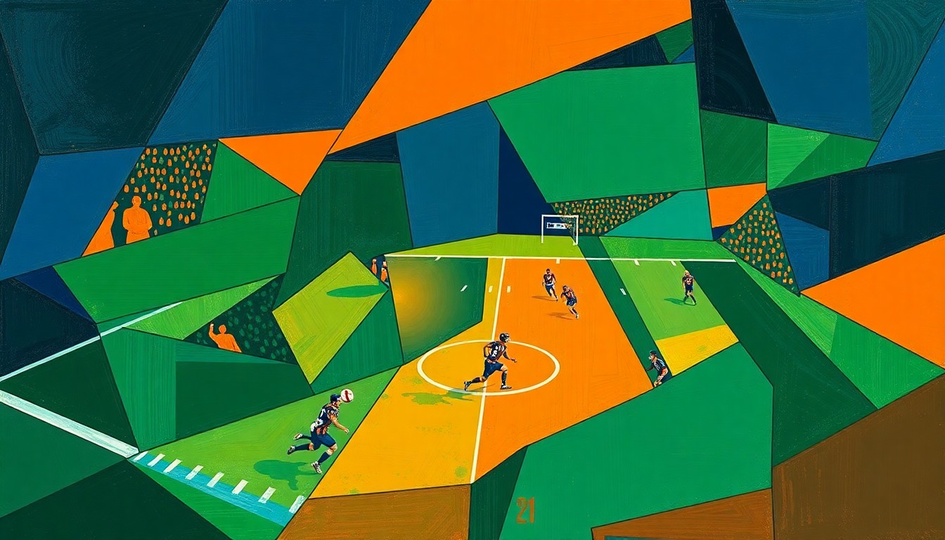 A cubist, geometric painting depicting a fragmented, multi-angled view of a football game or competition, with sharp planes of navy, green, and orange colors overlapping to create a sense of motion and energy.