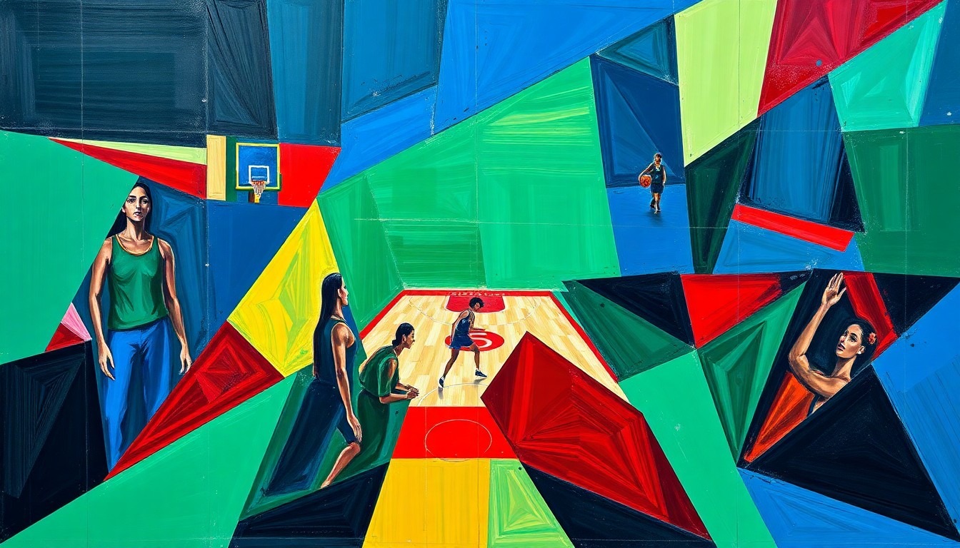 A fragmented, geometric painting in bold blues, greens, and reds, capturing the intensity and movement of a WNBA basketball game in an abstract, cubist style.